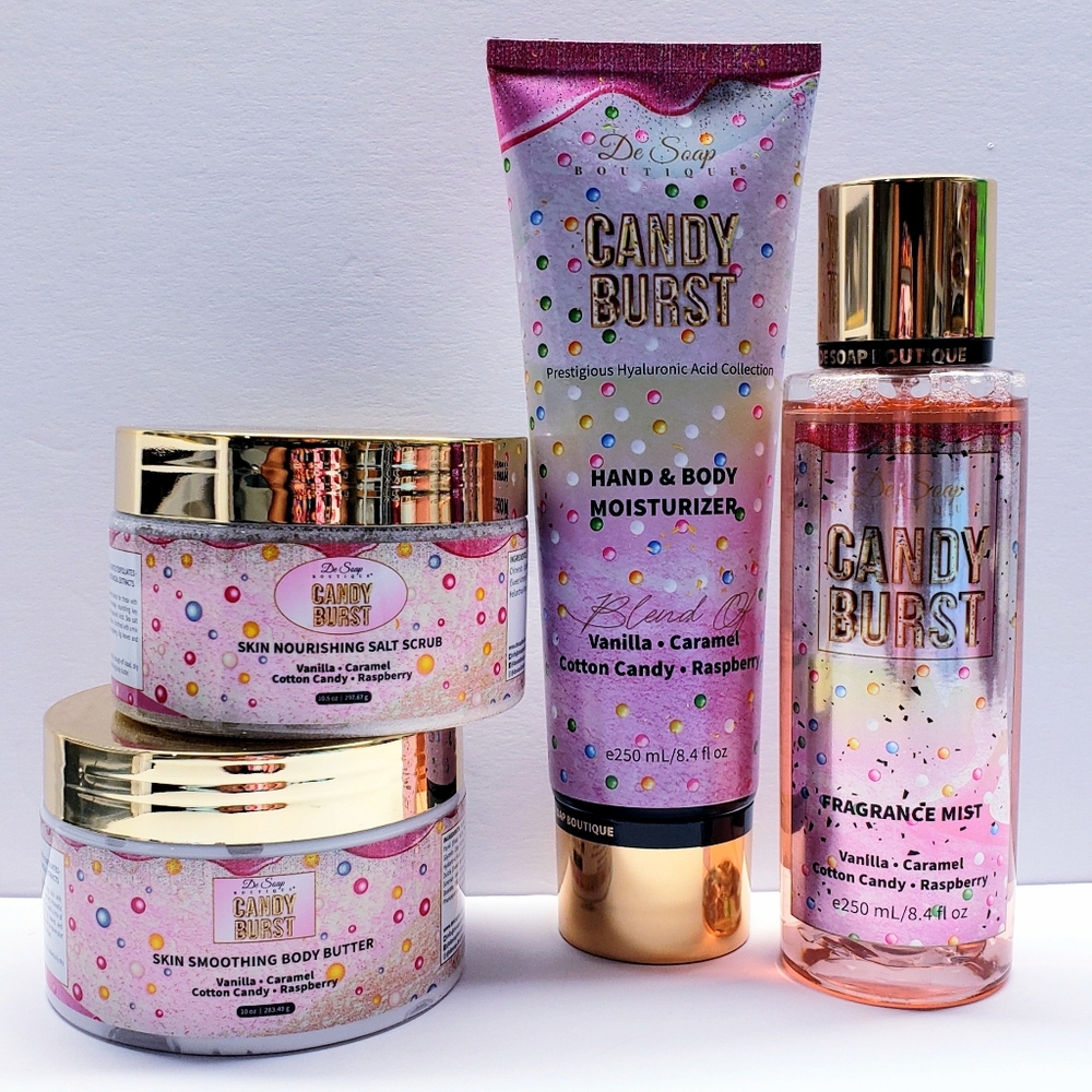 De Soap Boutique CANDY BURST Exotic Body Mist, Body Butter, Scrub, Moisturizer